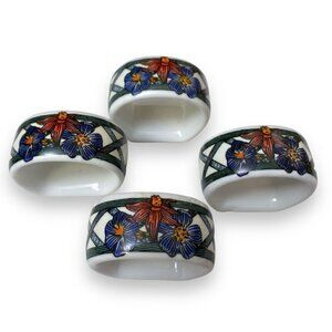 DANSK Napkin Rings Set of 4 Ceramic Nordic Garden Floral with Trellis Pattern